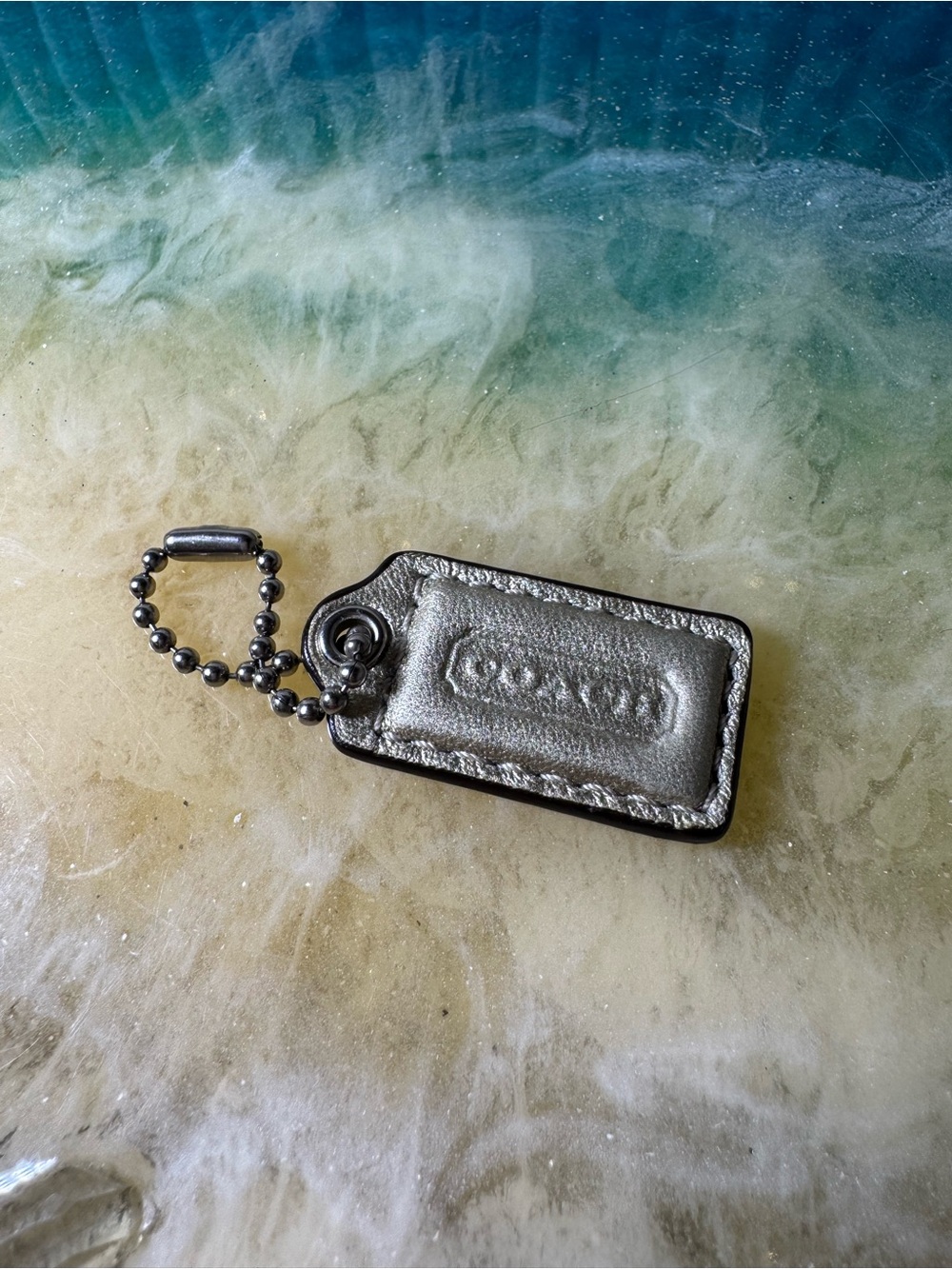 Vintage Coach Mini Metallic champagne gold Leather Key Tag with Ball Chain